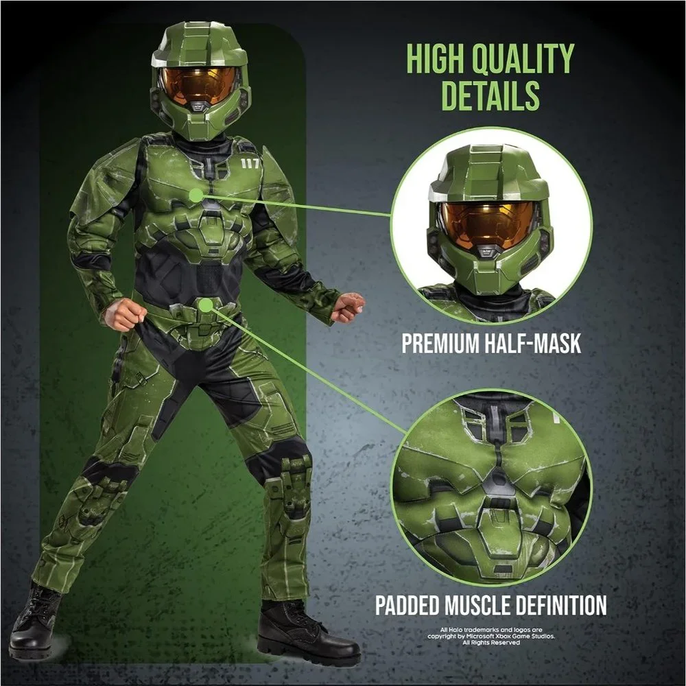 NWT Halo Infinite Master Chief Padded Muscle Light Up Mask & Video Game Jumpsuit